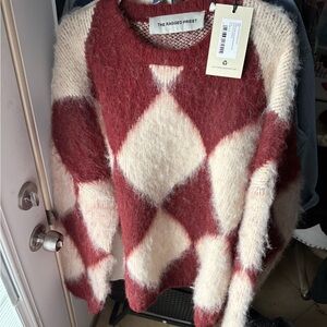 The Ragged Priest Burgundy and Cream Diamond Sweater